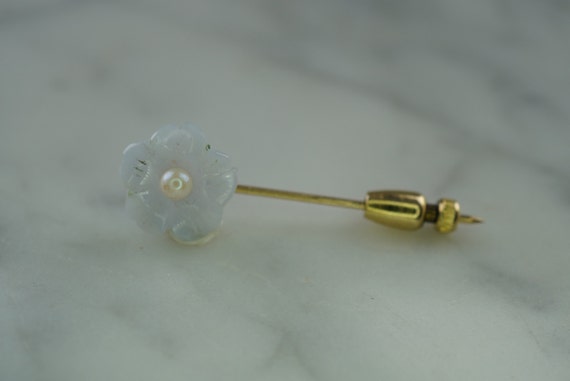 14K Yellow Gold Flower Stick Pin with Carved Blue… - image 2