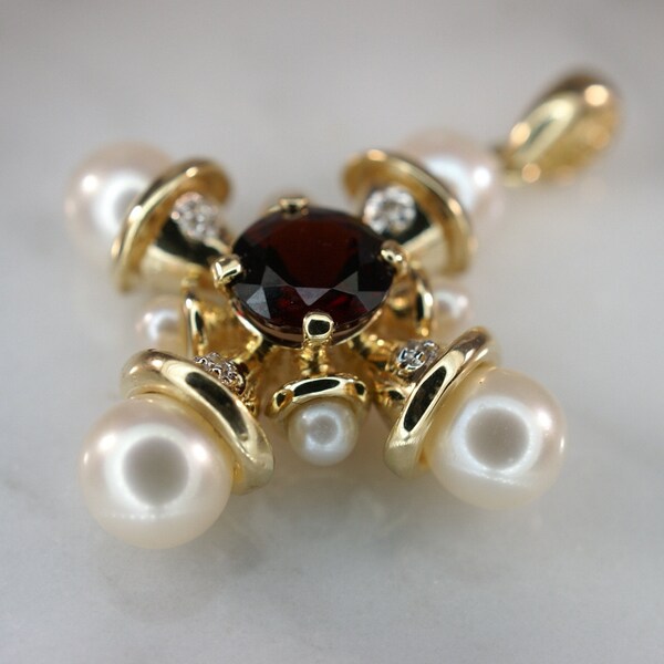 14K Yellow Gold, Diamond Cultured Pearl, and Garnet Cross Pendant