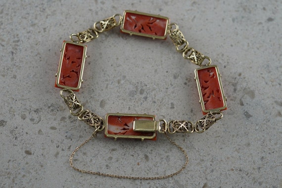 Art Deco 14K Yellow Gold Carved Red Coral Lavalie… - image 8