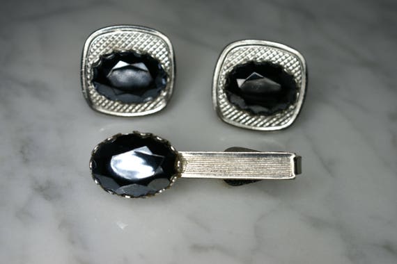 Silver Tone and Faceted Black Glass Cufflinks wit… - image 2
