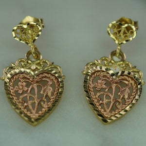 14K Yellow and Rose Gold Filigree Heart Stud Drop Earrings with Flower Motif