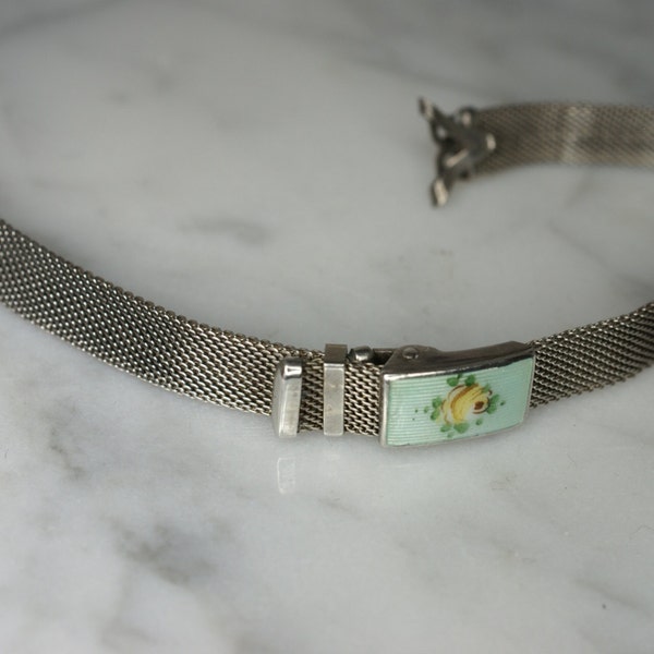 Leach & Miller Sterling Silver Mesh Adjustable Watch Strap with Floral Enamel Slide