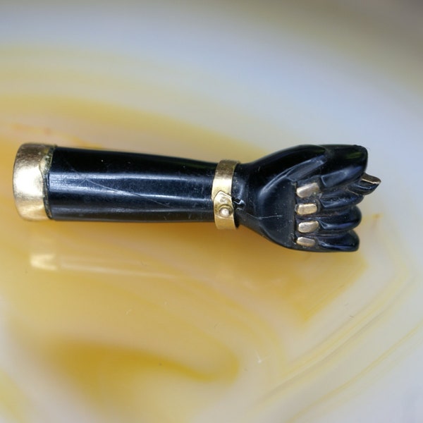 Gold and Carved Black Coral Mano Fica Pin