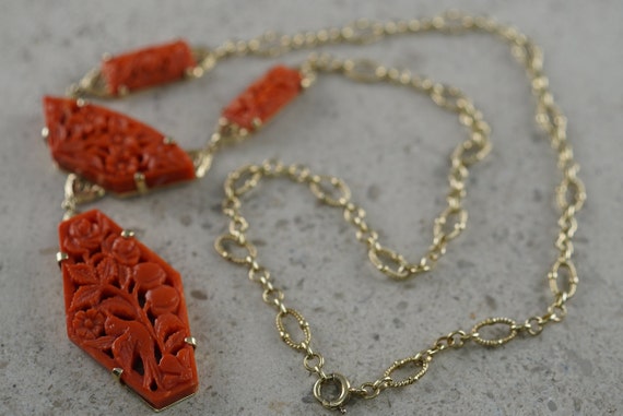 Art Deco 14K Yellow Gold Carved Red Coral Lavalie… - image 4