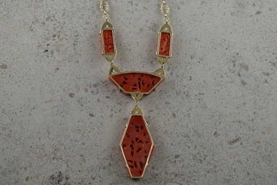Art Deco 14K Yellow Gold Carved Red Coral Lavalie… - image 5