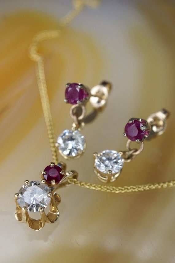 14k Yellow Gold, Diamond, and Ruby Pendant Necklac