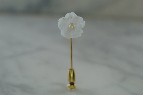 14K Yellow Gold Flower Stick Pin with Carved Blue… - image 6