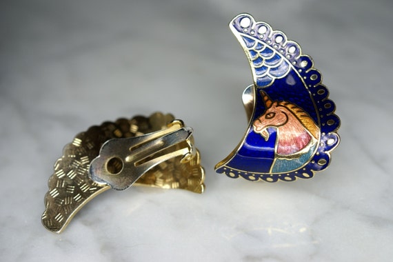 Yellow Gold Tone Champleve Enameled Unicorn Ear C… - image 2