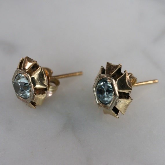 14K Yellow Gold Blue Zircon Stud Earrings - image 3