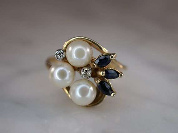 10K Yellow Gold Pearl, Sapphire, and Diamond Ring - image 1