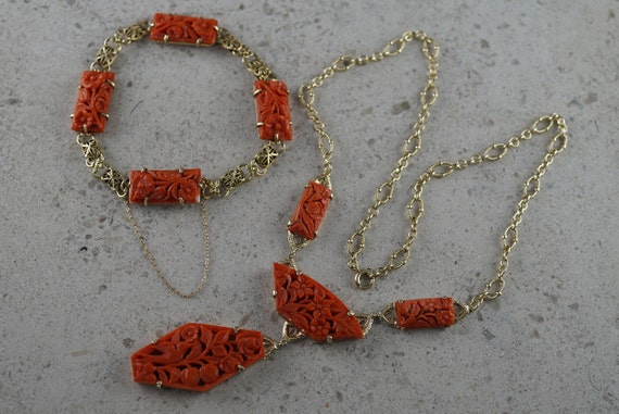 Art Deco 14K Yellow Gold Carved Red Coral Lavalie… - image 1