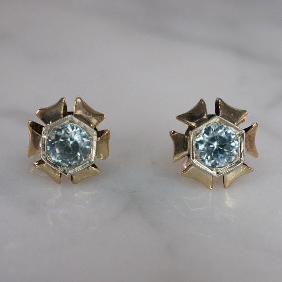 14K Yellow Gold Blue Zircon Stud Earrings - image 1