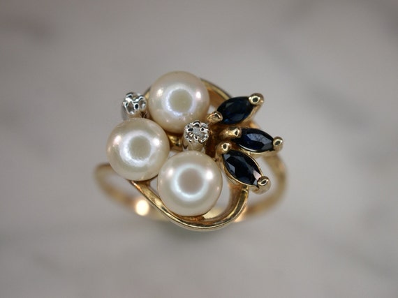 10K Yellow Gold Pearl, Sapphire, and Diamond Ring - image 6