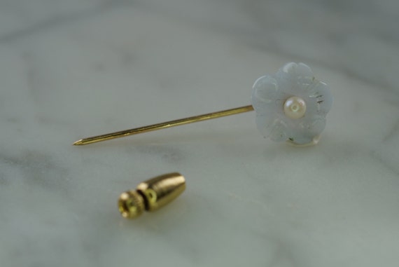 14K Yellow Gold Flower Stick Pin with Carved Blue… - image 8