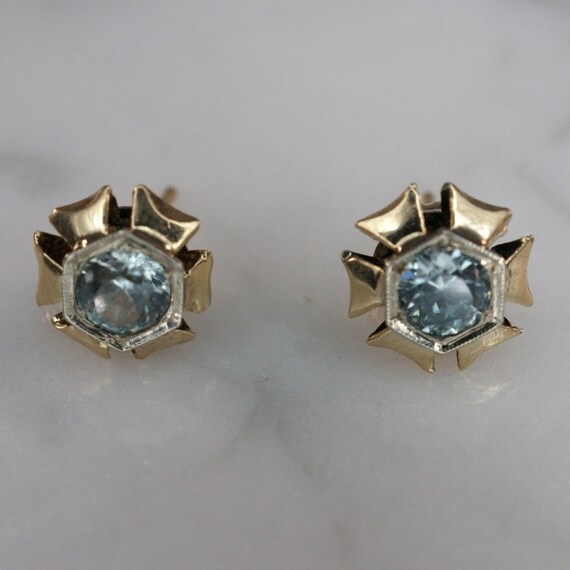 14K Yellow Gold Blue Zircon Stud Earrings - image 2