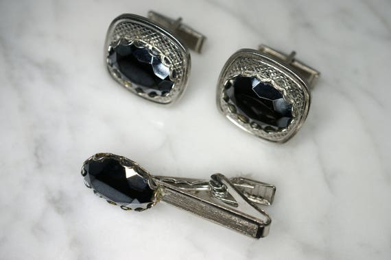 Silver Tone and Faceted Black Glass Cufflinks wit… - image 1