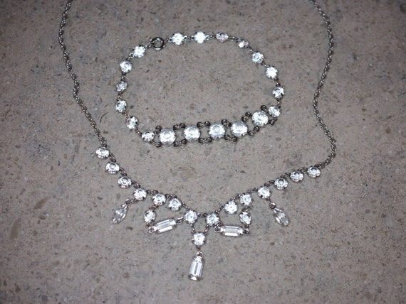 Silver Tone and White Paste Rhinestone Necklace a… - image 1