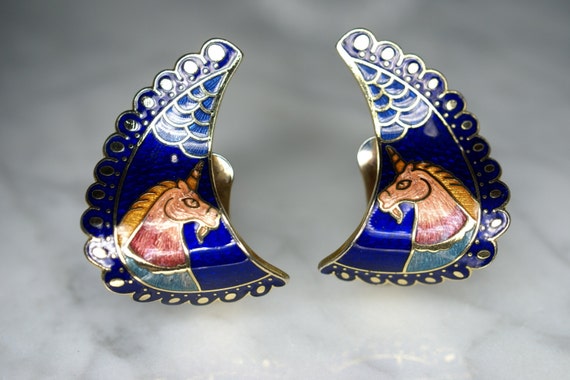 Yellow Gold Tone Champleve Enameled Unicorn Ear C… - image 1