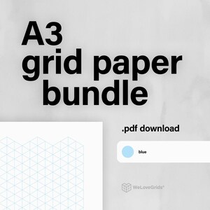 Peut inclure: Lot de papier quadrillé A3 avec un motif de grille bleu. L'image comprend le texte ".pdf download" et un échantillon de couleur bleu. Le logo WeLoveGrids est en bas à droite.