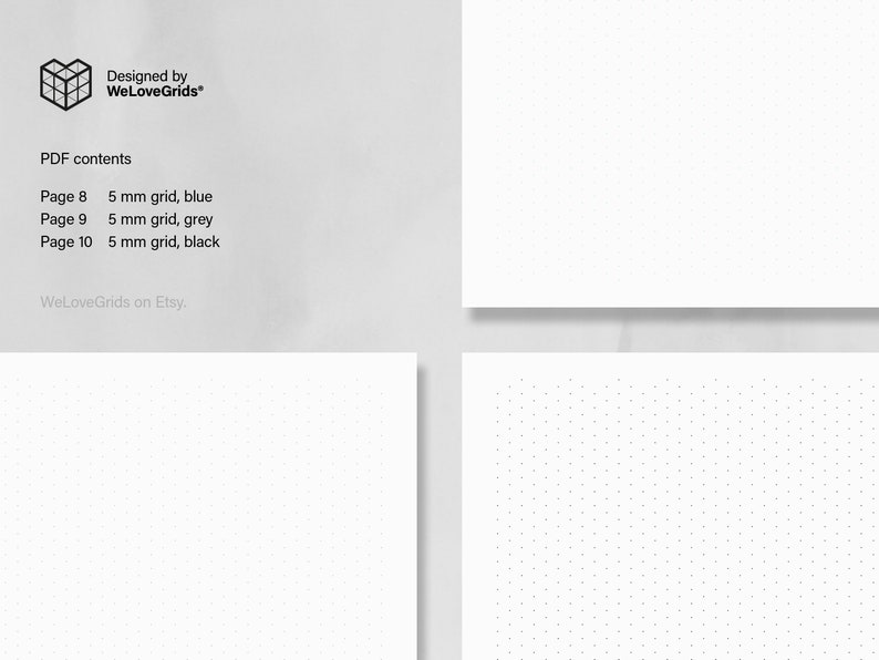 May include: A printable PDF document with 10 pages of 5 mm grid paper. The pages are available in blue, grey, and black.