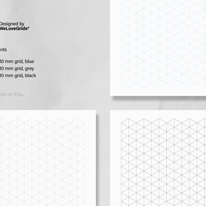 May include: A printable PDF document with three pages of 10 mm isometric grid paper. The first page is blue, the second page is grey, and the third page is black. The document is designed by WeLoveGrids.