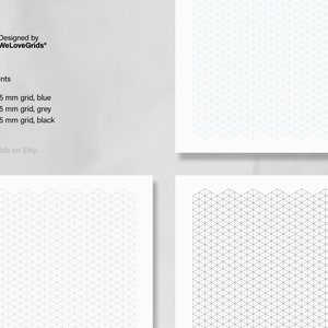 May include: Four printable pages of 5 mm isometric grid paper. The first page is blank, the second page is blue, the third page is grey, and the fourth page is black.