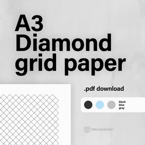 Puede incluir: Papel de cuadrícula de diamante A3, disponible para descarga en .pdf. El diseño presenta un patrón de cuadrícula de diamante en líneas negras sobre un fondo blanco. Las opciones de color incluyen negro, azul y gris. También se ve el logotipo de WeLoveGrids.