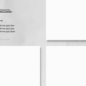 May include: A digital download of printable grid paper in three colors: blue, gray, and black. Each page features a 10 mm grid. The text "Designed by WeLoveGrids" and "PDF contents" is visible at the top of the image.