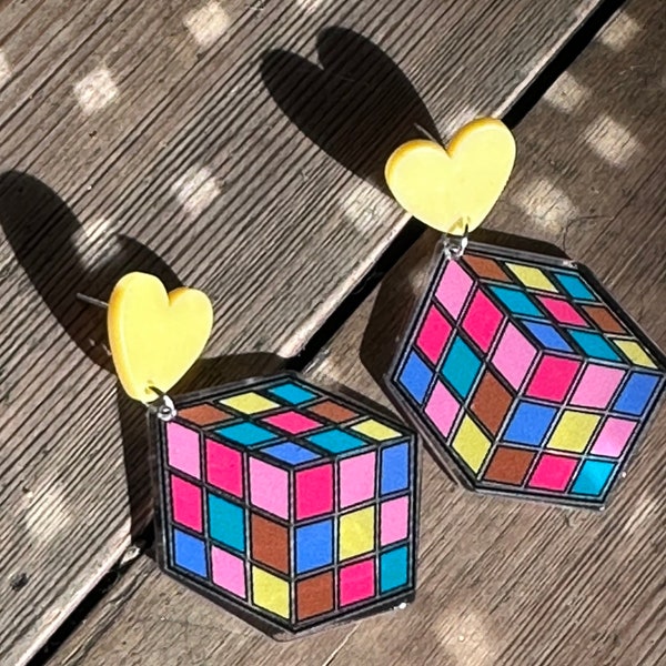Boucle d'oreille de fête Rubik Cube années 80, couleur, cœur