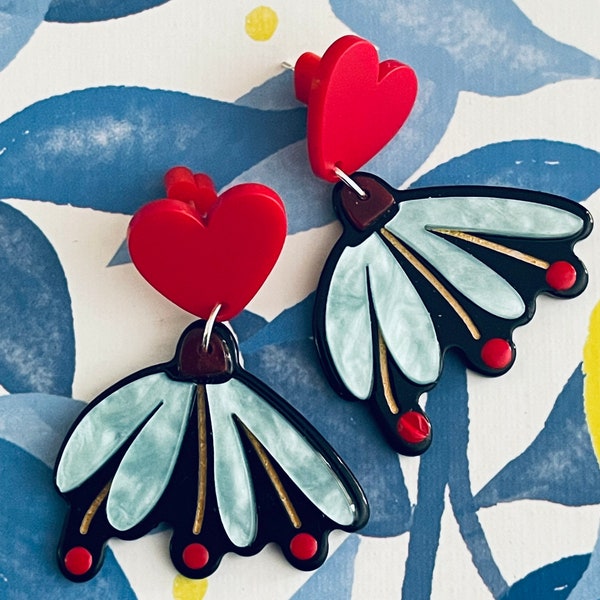Hearts and flowers acrylic statement earrings