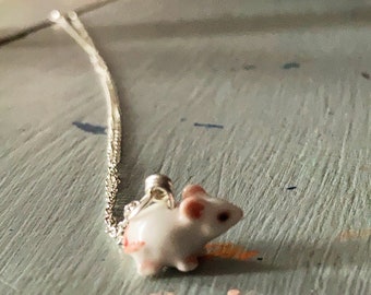 Tiny white mouse / rat ceramic necklace, pets, rat, mice geek