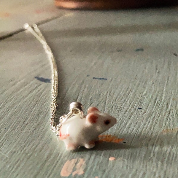 Tiny white mouse / rat ceramic necklace, pets, rat, mice geek