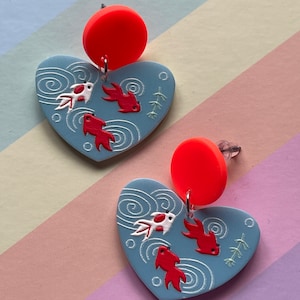 Goldfish acrylic heart earrings neon, blue, good luck, cute