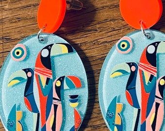 Toucan bright colourful sparkle statement earrings
