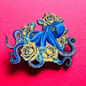 Octopus brooch   Tattoo style Wooden