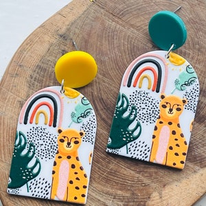 Leopard rainbow abstract acrylic earrings, fun, yellow, green