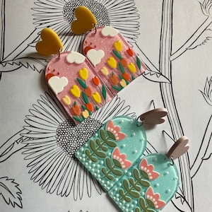 Hearts and flowers spring acrylic earrings , tulips, clouds, sparkle