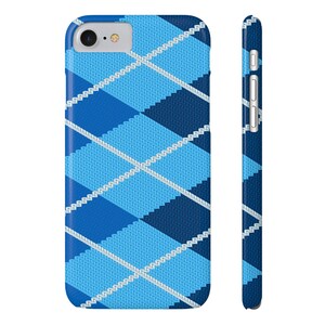 May include: A blue argyle pattern phone case. The case has a repeating pattern of light and dark blue diamonds with white diagonal lines. The side view shows the case's thickness and button placement.