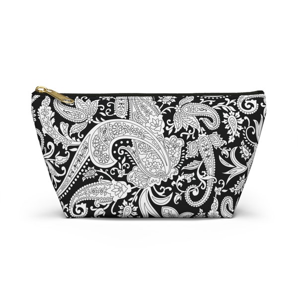 Black & White Paisley Makeup Bag with T-bottom - Travel pouch, Cosmetic Bag, Cosmetic Pouch