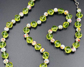 Czech Glass Uranium Pillow Bead Necklace Opera Length 30" Millefiori Accent Beads