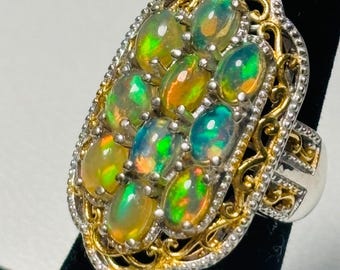 D'JOY Sterling Silver Ethiopian Oval Opal Ring Filigree Setting Size 6.25 Statement Ring