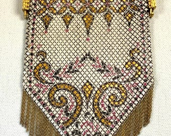 Vintage Ornate Mesh Mandalian Flapper Evening Bag With Fringe Gold Tone