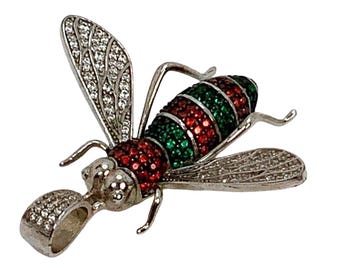 Sterling Silver Bee Pendant Red Green CZ Rhinestone Wings Necklace 17.8 grams