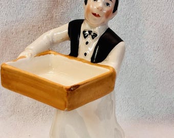 Antique German Porcelain Waiter Butler Figural Toothpick Match Holder Germany 6"