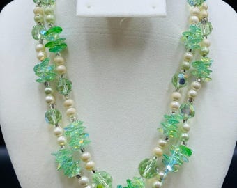 Vintage Green Czech Glass Double Strand Necklace AB Crystal Flower Cut Crystals, Faux Pearl Beads Uranium Bead Estate Jewelry