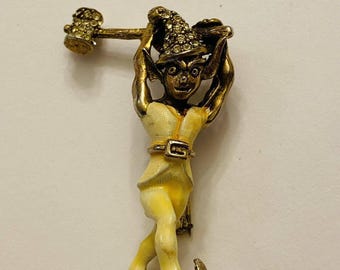 PAULINE RADER Vintage Enameled Elf Leprechaun Woodsman Pin Brooch