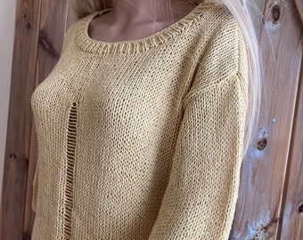 Honey Cotton Linen Sweater, Drop Stitch Sweater, Handknitted Sweater, Oversized Sweater
