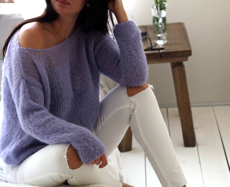 Violet Blue Cozy Sweater, Silk & Alpaca Fluffy Sweater, Clutchy Sweater, Handknitted Sweater, Off Shoulder Sweater, Loose Knit Sweater image 1