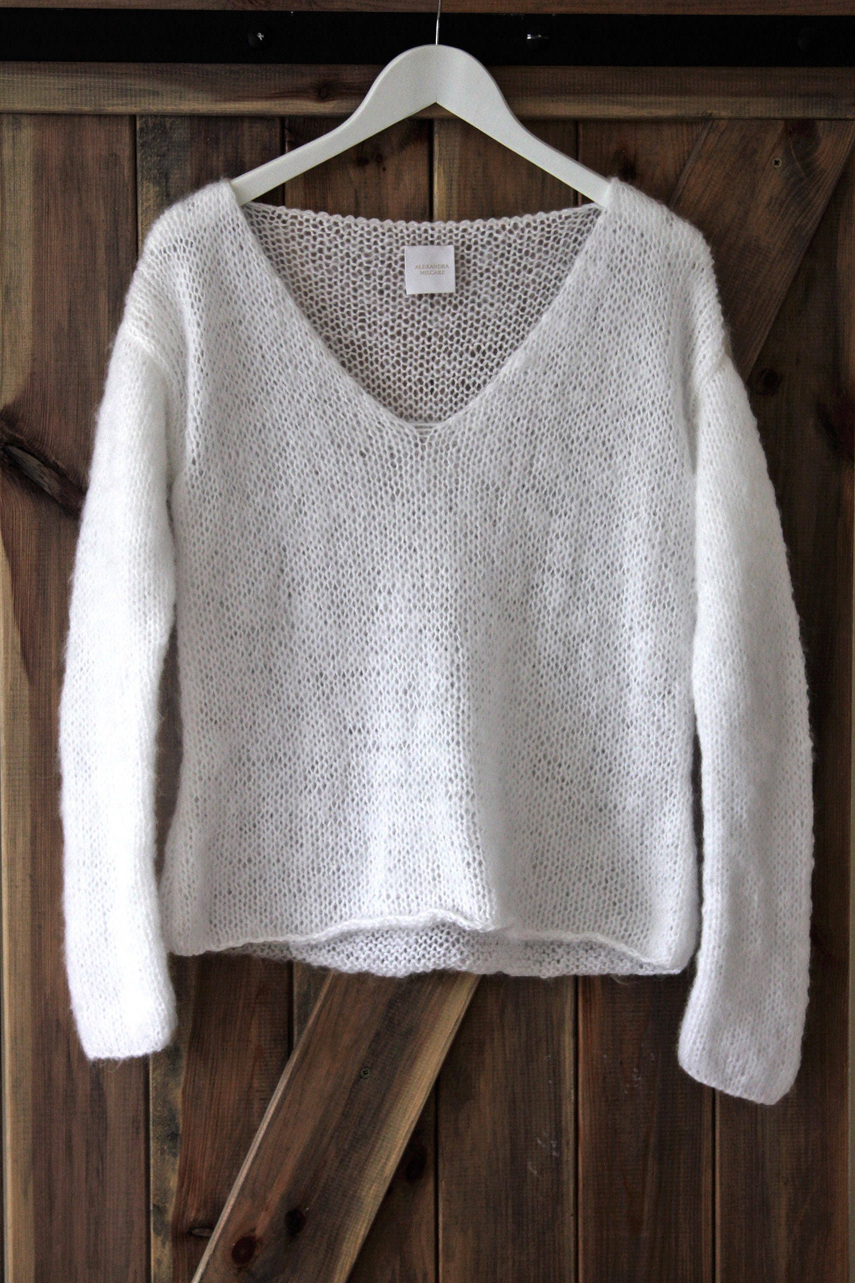 White V-neck Sweater Fluffy Sweater Loose Sweater - Etsy