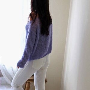 Violet Blue Cozy Sweater, Silk & Alpaca Fluffy Sweater, Clutchy Sweater, Handknitted Sweater, Off Shoulder Sweater, Loose Knit Sweater image 5